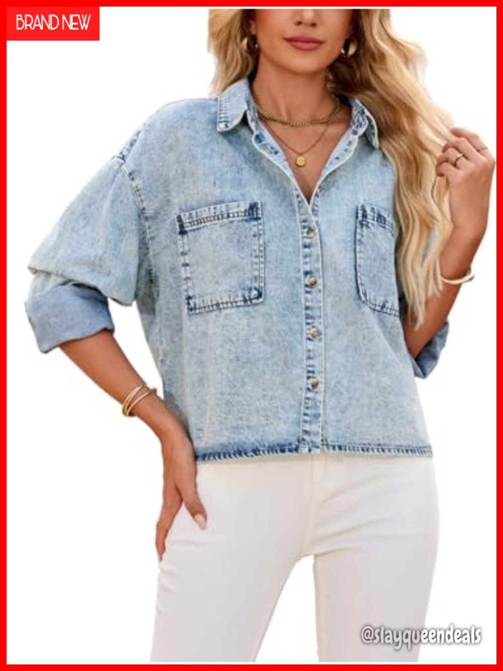 Cropped Button Down Denim Shirt Long Sleeve Lightweight
